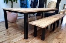 Load image into Gallery viewer, Farmhouse Style Rustic Table made from Reclaimed Scaffold Boards &amp; Steel Box Section Legs
