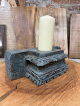 Load image into Gallery viewer, Rustic Church Candle Holder / Indian Pillar Base / Farmhouse Decor Dark Blue
