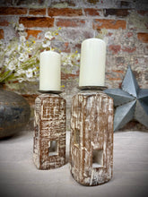 Load image into Gallery viewer, Pair Of Rustic Wooden Candle Holders / Large Church Candle Candlesticks /D

