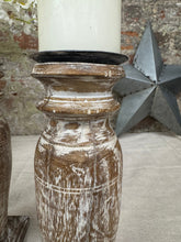 Load image into Gallery viewer, Pair Of Rustic Wooden Candle Holders / Large Church Candle Candlesticks /A
