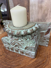 Load image into Gallery viewer, Rustic Church Candle Holder / Indian Pillar Base Holder / Farmhouse Decor Green
