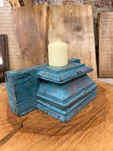 Load image into Gallery viewer, Rustic Church Candle Holder / Indian Pillar Base Holder / Farmhouse Decor Blue
