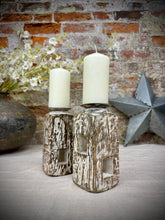 Load image into Gallery viewer, Pair Of Rustic Wooden Candle Holders / Large Church Candle Candlesticks /C
