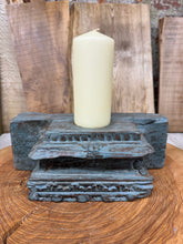 Load image into Gallery viewer, Rustic Church Candle Holder / Indian Pillar Base / Farmhouse Decor Dark Blue
