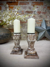 Load image into Gallery viewer, Pair Of Rustic Wooden Candle Holders / Large Church Candle Candlesticks /B
