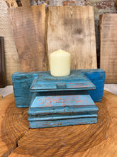 Load image into Gallery viewer, Rustic Church Candle Holder / Indian Pillar Base Holder / Farmhouse Decor Blue
