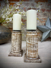 Load image into Gallery viewer, Pair Of Rustic Wooden Candle Holders / Large Church Candle Candlesticks /E
