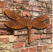 Load image into Gallery viewer, Large Rusty metal DRAGONFLY ,  Home Sign , Dragonfly Garden Ornament , dragonfly Wall feature , Animal decoration, rusted metal fence sign ,
