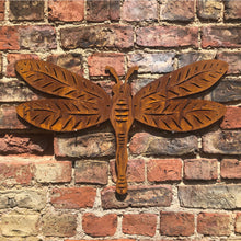 Load image into Gallery viewer, Large Rusty metal DRAGONFLY ,  Home Sign , Dragonfly Garden Ornament , dragonfly Wall feature , Animal decoration, rusted metal fence sign ,
