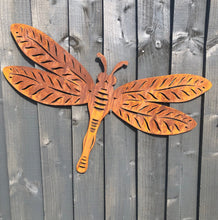Load image into Gallery viewer, Large Rusty metal DRAGONFLY ,  Home Sign , Dragonfly Garden Ornament , dragonfly Wall feature , Animal decoration, rusted metal fence sign ,
