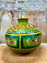 Load image into Gallery viewer, Vintage Painted Indian Water Pot Vase / Riveted Hand Beaten Metal Plant Pot A
