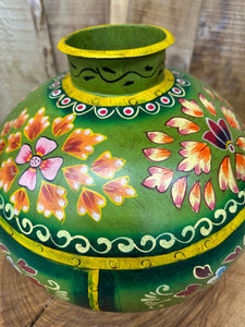 Vintage Painted Indian Water Pot Vase / Riveted Hand Beaten Metal Plant Pot A