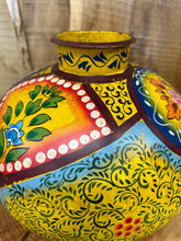 Load image into Gallery viewer, Vintage Painted Indian Water Pot Vase / Riveted Hand Beaten Metal Plant Pot B
