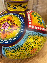 Load image into Gallery viewer, Vintage Painted Indian Water Pot Vase / Riveted Hand Beaten Metal Plant Pot B
