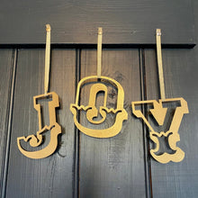 Load image into Gallery viewer, JOY Christmas Mantle Tree Decoration / Distressed Gold 5&quot; Tall Carnival Metal Letters
