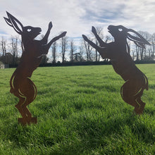 Load image into Gallery viewer, Pair Of Rusty Metal Boxing Hares Garden Decoration
