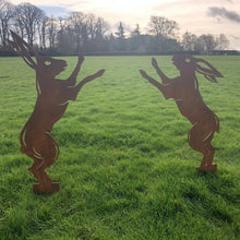 Load image into Gallery viewer, Pair Of Rusty Metal Boxing Hares Garden Decoration
