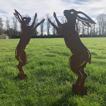 Load image into Gallery viewer, Pair Of Rusty Metal Boxing Hares Garden Decoration
