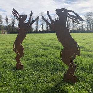 Pair Of Rusty Metal Boxing Hares Garden Decoration