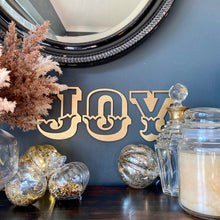 Load image into Gallery viewer, JOY Christmas Mantle Tree Decoration / Distressed Gold 5&quot; Tall Carnival Metal Letters

