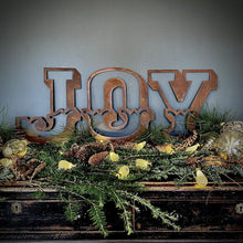 Load image into Gallery viewer, Christmas Mantle Fireplace Decoration JOY In Rustic Rusted Carnival Letters 12 Inches Tall.
