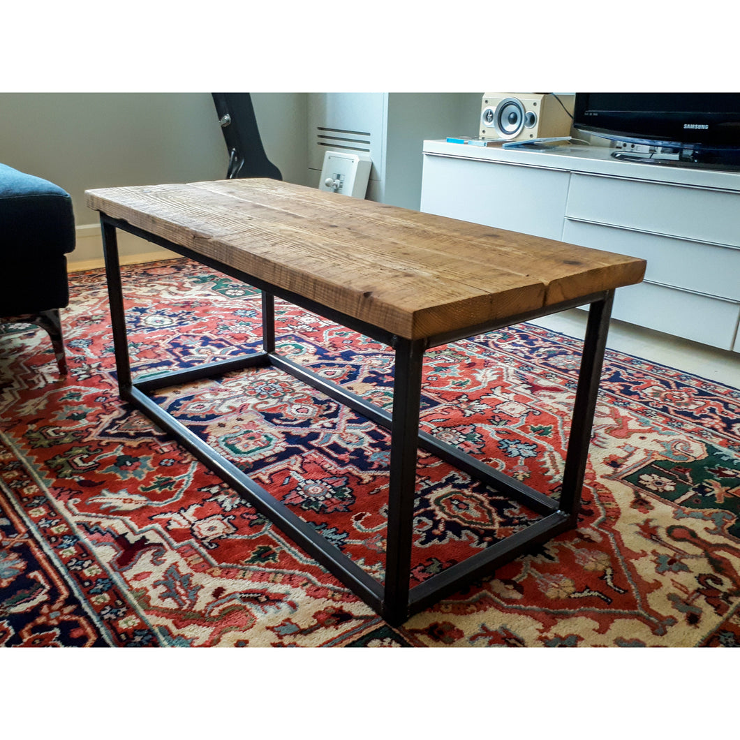 Coffee Table with Square Steel Box Section Legs & Rustic Reclaimed Scaffold Board Top