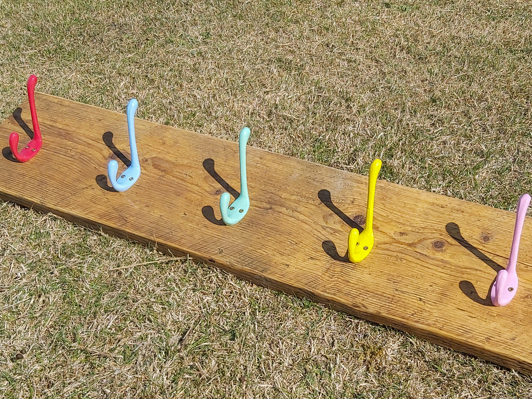 Industrial Style Reclaimed Scaffold Board Children's Coat Hook / Rack with Coloured Hooks