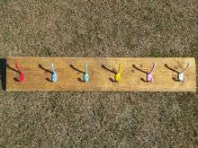 Load image into Gallery viewer, Industrial Style Reclaimed Scaffold Board Children&#39;s Coat Hook / Rack with Coloured Hooks
