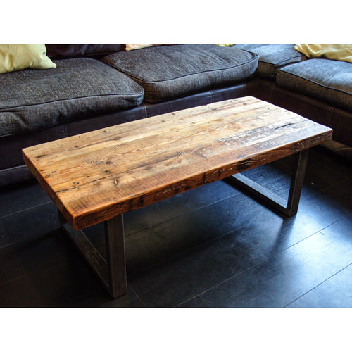 Coffee Table with Square Steel Box Section Legs & Rustic Reclaimed Scaffold Board Top